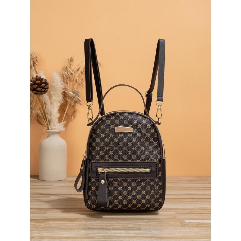 Mini Printed Women's Backpack,Faux Leather Wallet With Adjustable Strap,Casual Zipper Shoulder Bag,School Bag,Portable,Laptop Compartment,Large Capacity,For Teen Girls Women College Students,College,Middle School,High School,Outdoors,Travel,Outings,Eleme