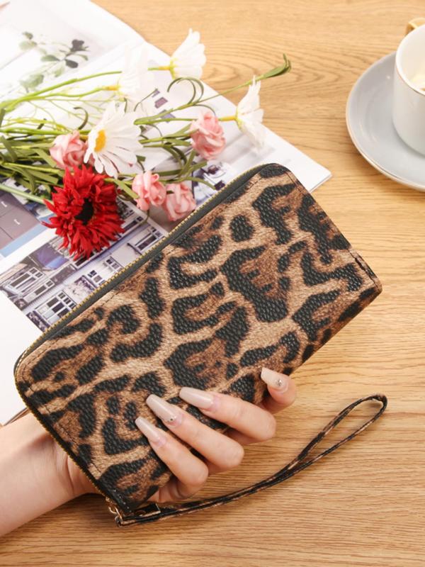 Women's Leopard Pattern Long Wallet, Fashionable Zipper Design Pu Leather Wallet for Daily Used, Vintage All-match Clutch Bag