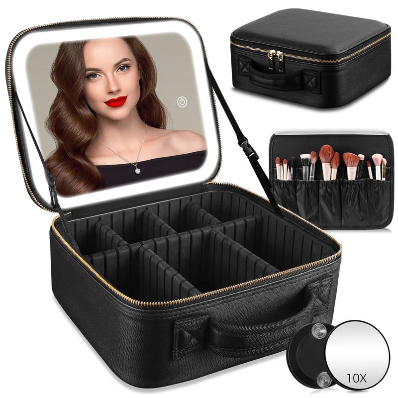 Travel Makeup Bag with Mirror of LED Lighted,  with Adjustable Dividers, Mirror and Detachable 10x Magnifying Mirror