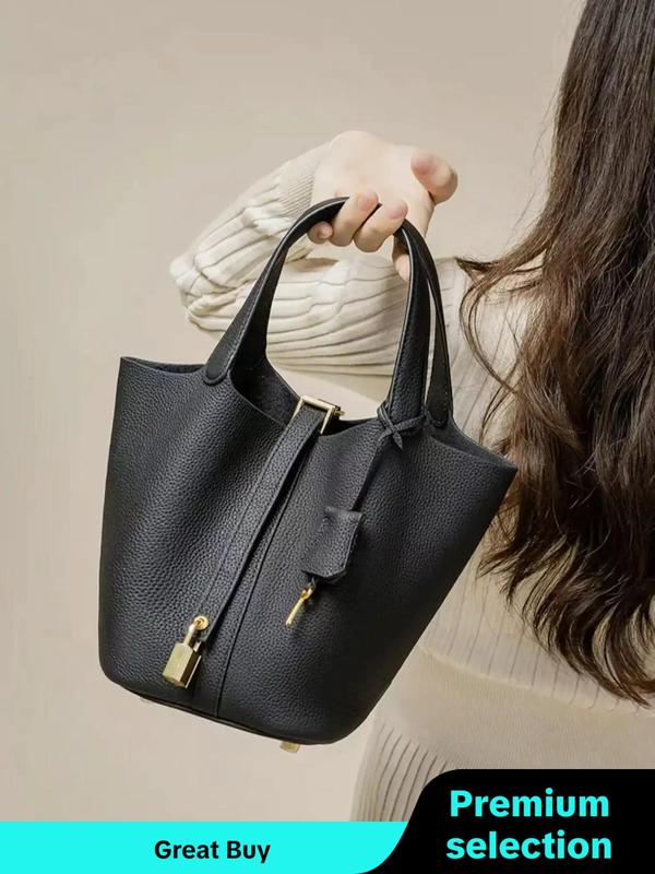 [Black Friday Sales]Women's Fashionable Plain Color Leather Bag, Casual Versatile Handbag with Lock Design, Trendy All-match Handbag for Daily Use