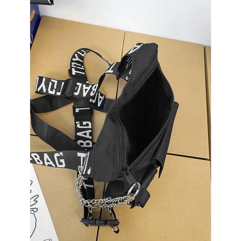 Men Letter Graphic Chain Decor Chest Rig Bag Sling Bag Fanny Pack Chest Bag For Travel Work Sport Holiday Essentials Lightweight Anti Theft Going Out With Adjustable Strap  College Bag Fathers Day Gifts Summer Dad Back To School Bag For School For School