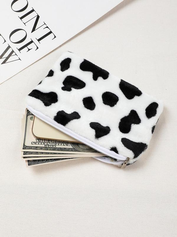 Cute Colorblock Cow Print Plush Zipper Wallet, Large Capacity Coin Purse, Portable Trendy Storage Bag for Women & Girls