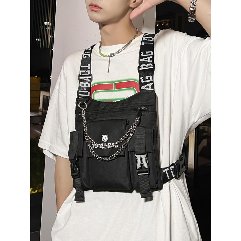 Men Letter Graphic Chain Decor Chest Rig Bag Sling Bag Fanny Pack Chest Bag For Travel Work Sport Holiday Essentials Lightweight Anti Theft Going Out With Adjustable Strap  College Bag Fathers Day Gifts Summer Dad Back To School Bag For School For School