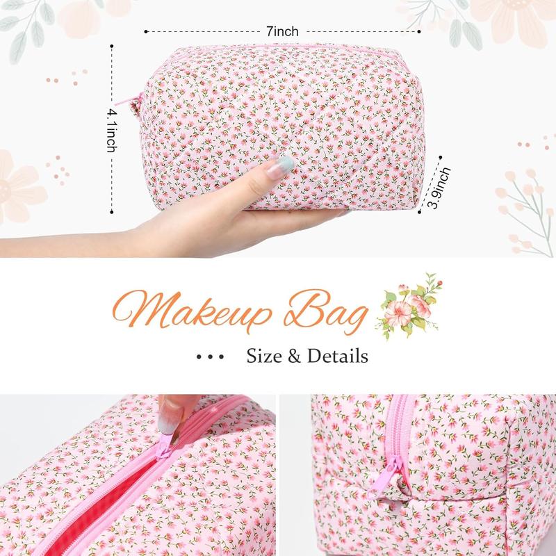 Quilted Makeup Bag Floral Cosmetic Bag Puffy Coquette Makeup pouch Aesthetic Cute Pink Travel Toiletry Bag Organizer cotton Makeup Brushes Storage Bag for Women