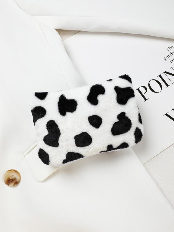 Cute Colorblock Cow Print Plush Zipper Wallet, Large Capacity Coin Purse, Portable Trendy Storage Bag for Women & Girls