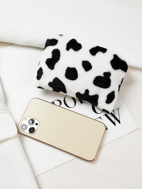 Cute Colorblock Cow Print Plush Zipper Wallet, Large Capacity Coin Purse, Portable Trendy Storage Bag for Women & Girls