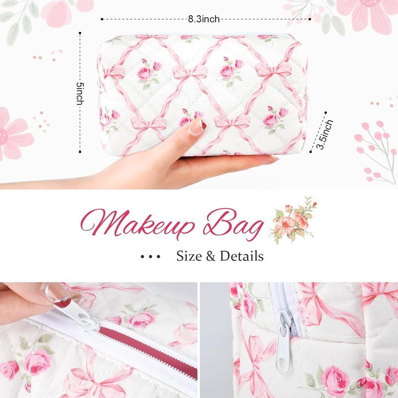 Quilted Makeup Bag Floral Cosmetic Bag Puffy Coquette Makeup pouch Aesthetic Cute Pink Travel Toiletry Bag Organizer cotton Makeup Brushes Storage Bag for Women