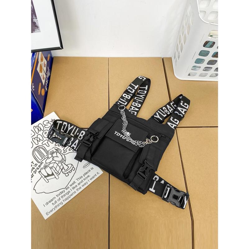 Men Letter Graphic Chain Decor Chest Rig Bag Sling Bag Fanny Pack Chest Bag For Travel Work Sport Holiday Essentials Lightweight Anti Theft Going Out With Adjustable Strap  College Bag Fathers Day Gifts Summer Dad Back To School Bag For School For School