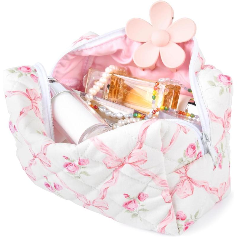 Quilted Makeup Bag Floral Cosmetic Bag Puffy Coquette Makeup pouch Aesthetic Cute Pink Travel Toiletry Bag Organizer cotton Makeup Brushes Storage Bag for Women