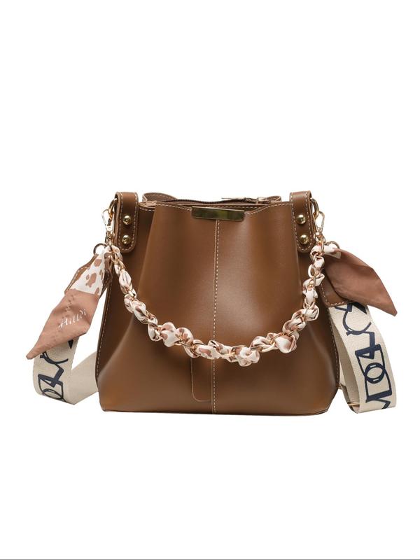 Women's Elegant Letter Pattern Bucket Bag, Fashionable PU Leather Crossbody Bag with Ribbon, Casual Trendy Versatile High-quality Daily Commuting Bag