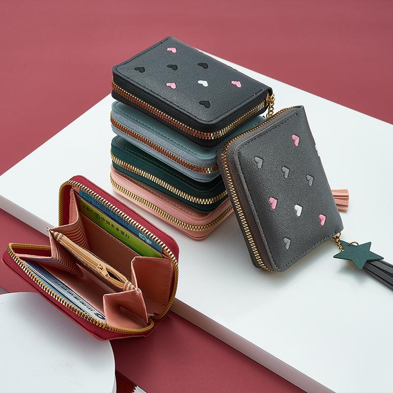 Heart Shape Embroidery Zipper PU Leather Wallet for Women, Multifunctional Short Coin Purse and Card Holder