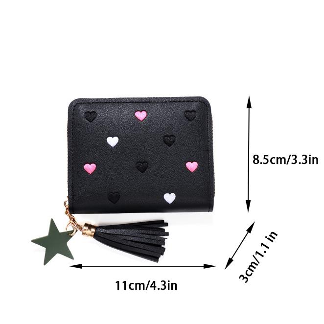 Heart Shape Embroidery Zipper PU Leather Wallet for Women, Multifunctional Short Coin Purse and Card Holder