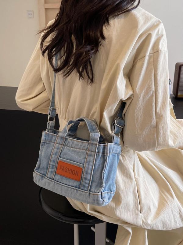 Letter Patched Decor Denim Pocket Design Crossbody Bag, Casual Versatile Zipper Shoulder Bag for Women, Trendy All-match Commuter Handbag for Daily Used