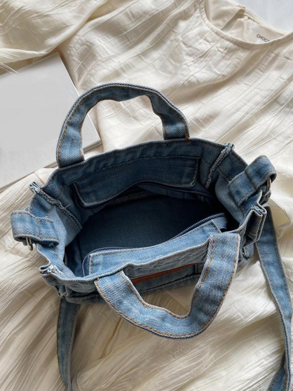 Letter Patched Decor Denim Pocket Design Crossbody Bag, Casual Versatile Zipper Shoulder Bag for Women, Trendy All-match Commuter Handbag for Daily Used