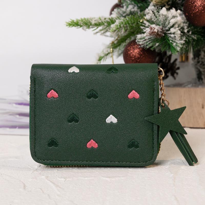 Heart Shape Embroidery Zipper PU Leather Wallet for Women, Multifunctional Short Coin Purse and Card Holder