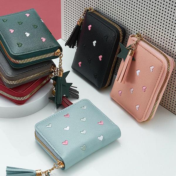 Heart Shape Embroidery Zipper PU Leather Wallet for Women, Multifunctional Short Coin Purse and Card Holder