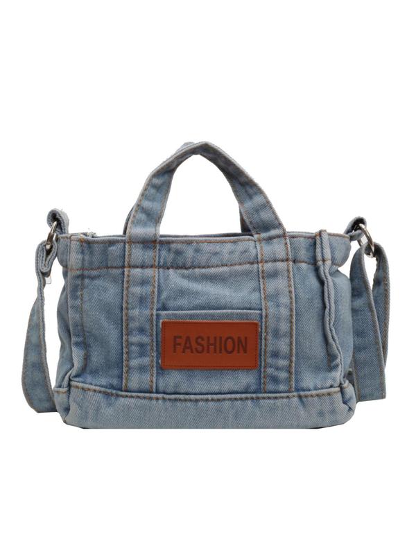 Letter Patched Decor Denim Pocket Design Crossbody Bag, Casual Versatile Zipper Shoulder Bag for Women, Trendy All-match Commuter Handbag for Daily Used