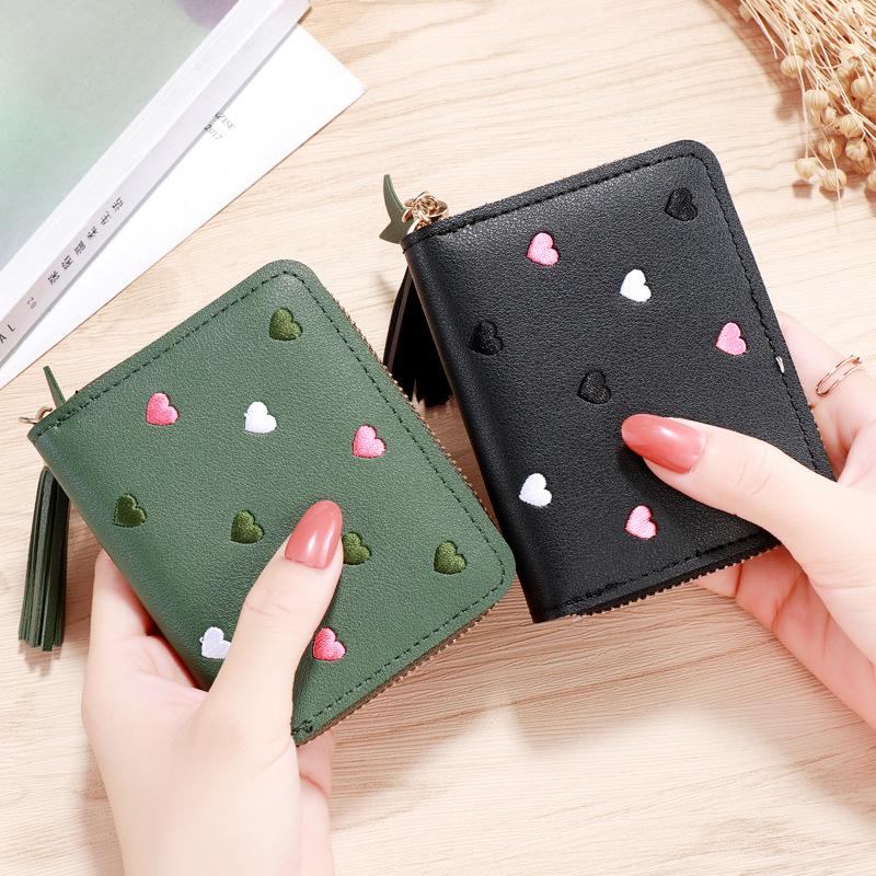 Heart Shape Embroidery Zipper PU Leather Wallet for Women, Multifunctional Short Coin Purse and Card Holder