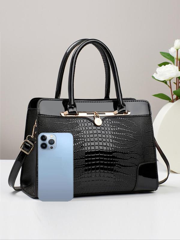 Women's Fashion Crocodile Embossed Handbag, Casual Large Capacity Zipper Crossbody Bag, Versatile Handbag for Daily Use