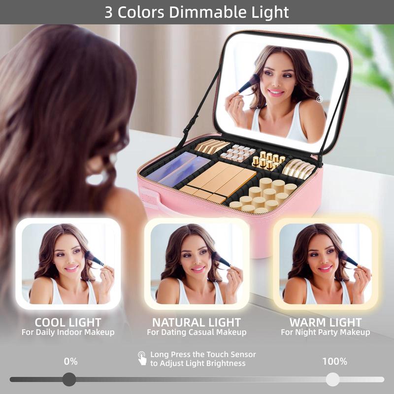 Makeup Bag with LED Light Mirror, 1 Box Portable Travel Makeup Case with Brush Plate, Large Capacity Adjustable Makeup Case for Home & Travel