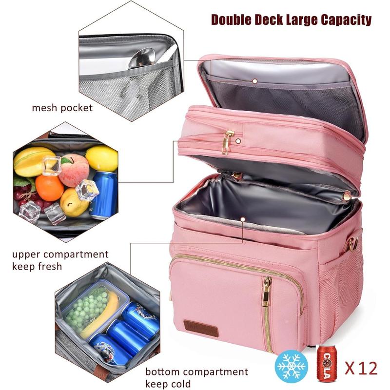 Lunch Bag & Lunch Box for Women Men Double Deck - Leakproof Insulated Soft Large Lunch Cooler Bag, Pink,15L