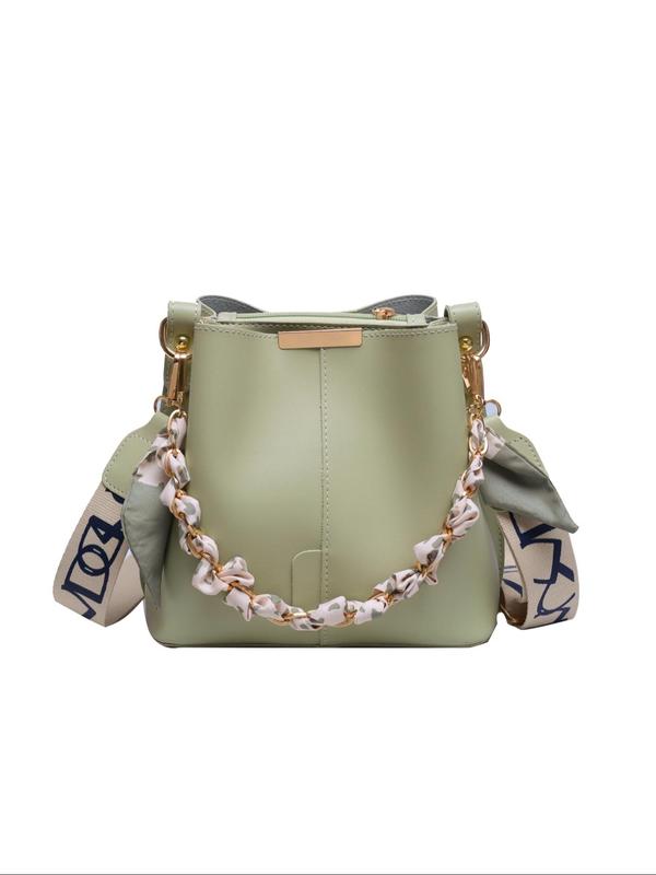 Women's Elegant Letter Pattern Bucket Bag, Fashionable PU Leather Crossbody Bag with Ribbon, Casual Trendy Versatile High-quality Daily Commuting Bag