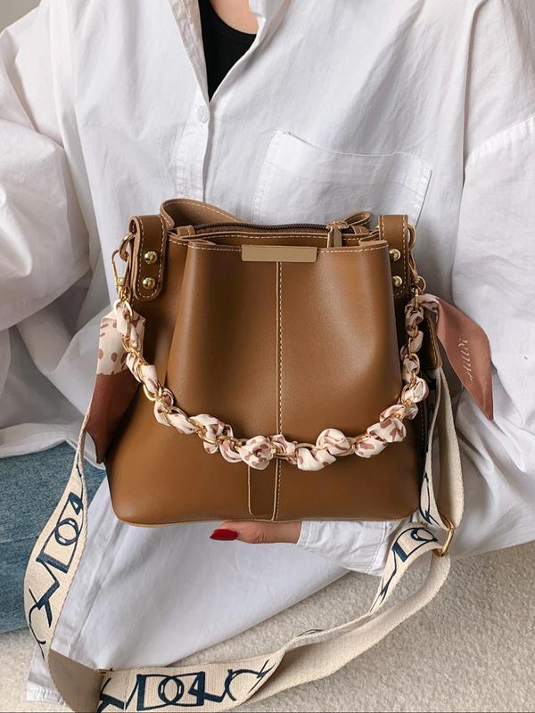 Women's Elegant Letter Pattern Bucket Bag, Fashionable PU Leather Crossbody Bag with Ribbon, Casual Trendy Versatile High-quality Daily Commuting Bag