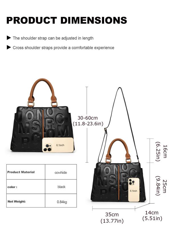 Women's Fashion Letter Embossed Cowhide Handbag, Large Capacity Shoulder Crossbody  Bag for Commuting & Travel, Casual Trendy Versatile High-quality Daily Commuting Bag