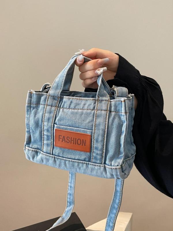 Letter Patched Decor Denim Pocket Design Crossbody Bag, Casual Versatile Zipper Shoulder Bag for Women, Trendy All-match Commuter Handbag for Daily Used