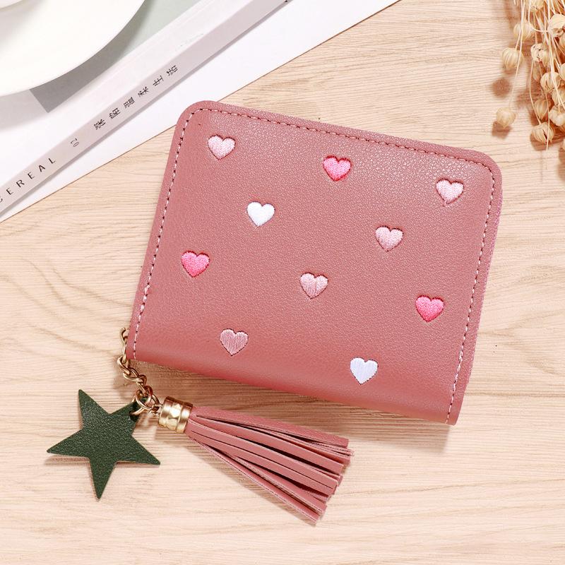 Heart Shape Embroidery Zipper PU Leather Wallet for Women, Multifunctional Short Coin Purse and Card Holder