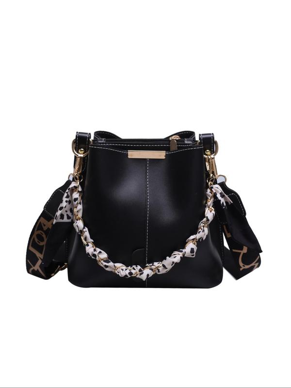 Women's Elegant Letter Pattern Bucket Bag, Fashionable PU Leather Crossbody Bag with Ribbon, Casual Trendy Versatile High-quality Daily Commuting Bag