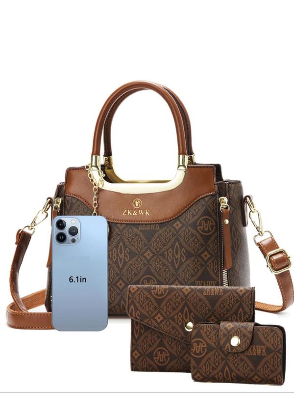 Women's Elegant All Over Print Handbag & Wristlet & Card Purse, Fashionable Pu Leather Crossbody Bag & Wristlet & Card Purse, Casual Trendy Versatile High-quality Daily Commuting Bag Set