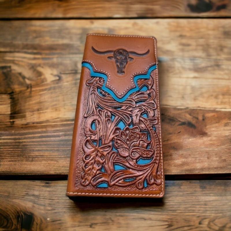 Mens Long Wallet Floral Embossed Longhorn Leather Brown and Teal Soft Leather Checkbook Style Cowboy Hand Crafted High End Mens Wallets Leather Bull Rider Rodeo