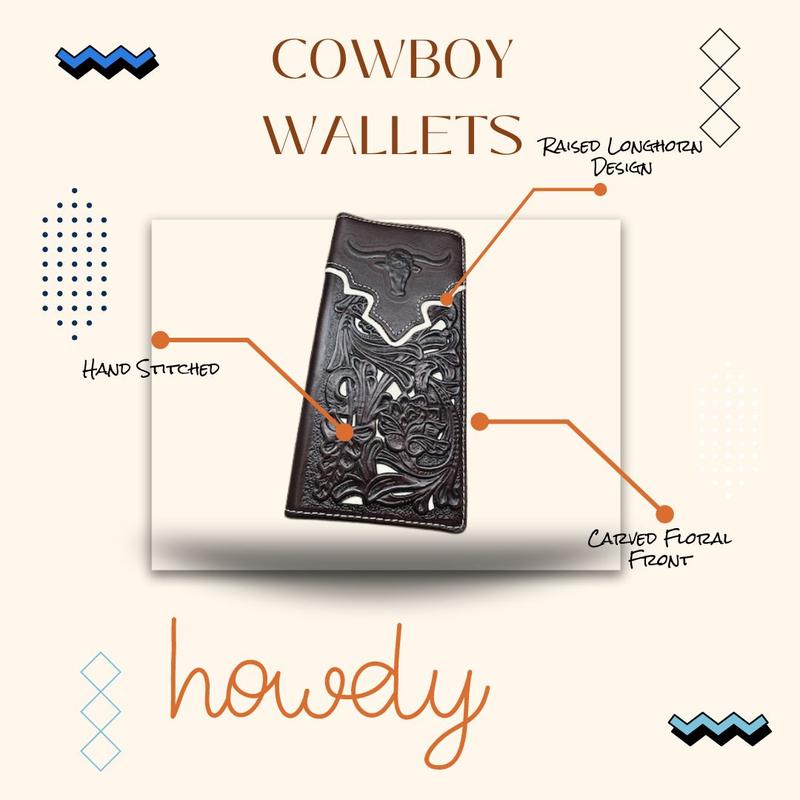 Mens Long Wallet Floral Embossed Longhorn Leather Brown and Teal Soft Leather Checkbook Style Cowboy Hand Crafted High End Mens Wallets Leather Bull Rider Rodeo