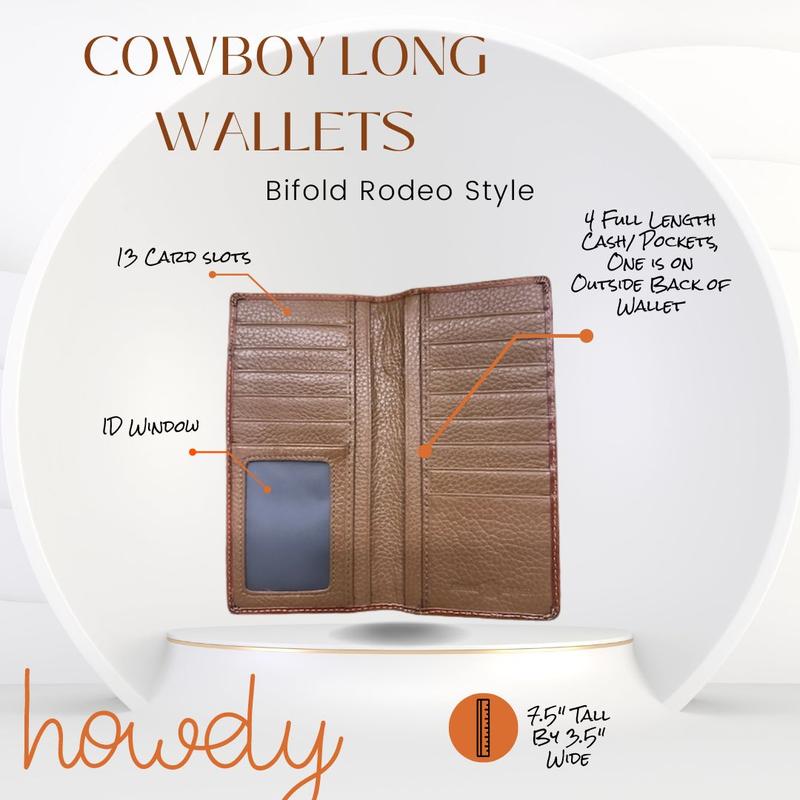 Mens Long Wallet Floral Embossed Longhorn Leather Brown and Teal Soft Leather Checkbook Style Cowboy Hand Crafted High End Mens Wallets Leather Bull Rider Rodeo