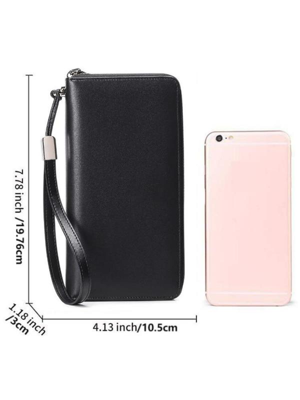 Genuine Leather Solid Color Long Wallet with Wrist Strap, RFID Blocking Large Capacity Card Holder, Casual Versatile Zipper Wallet for Daily Used