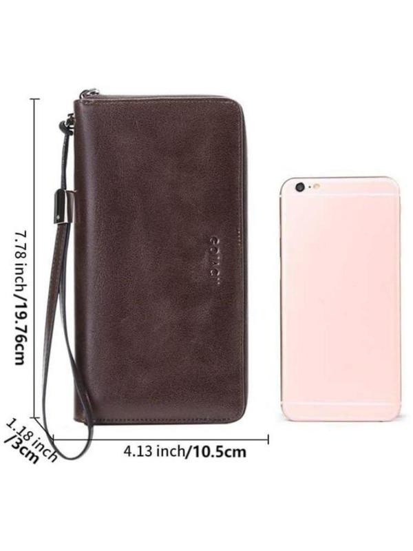 Genuine Leather Solid Color Long Wallet with Wrist Strap, RFID Blocking Large Capacity Card Holder, Casual Versatile Zipper Wallet for Daily Used