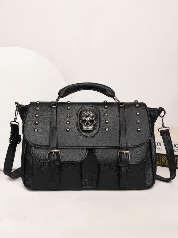 Women's Punk Style Rivet & Skull Decor Tote Bag, Fashionable Large Capacity Crossbody Bag for Daily Used, Casual Trendy Versatile High-quality Daily Commuting Bag