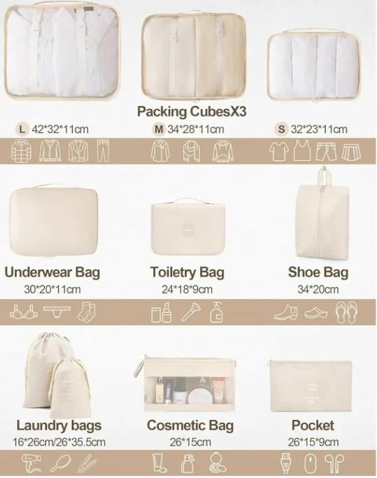 10 Set Packing Cubes Luggage Organizers for Travel Accessories Essentials Organizer Bags-Beige