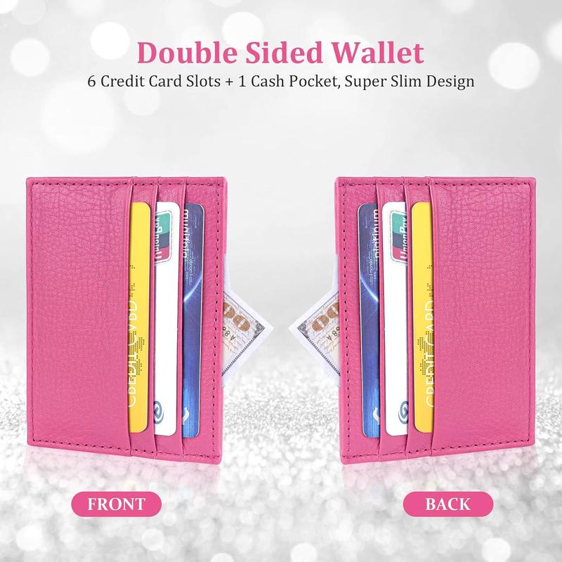 Leather Wallet, RFID Blocking Minimalist Card Holder, 6 Card Slots & 1 Pocket, Front Pocket Wallets for Men & Women (Rose Red)