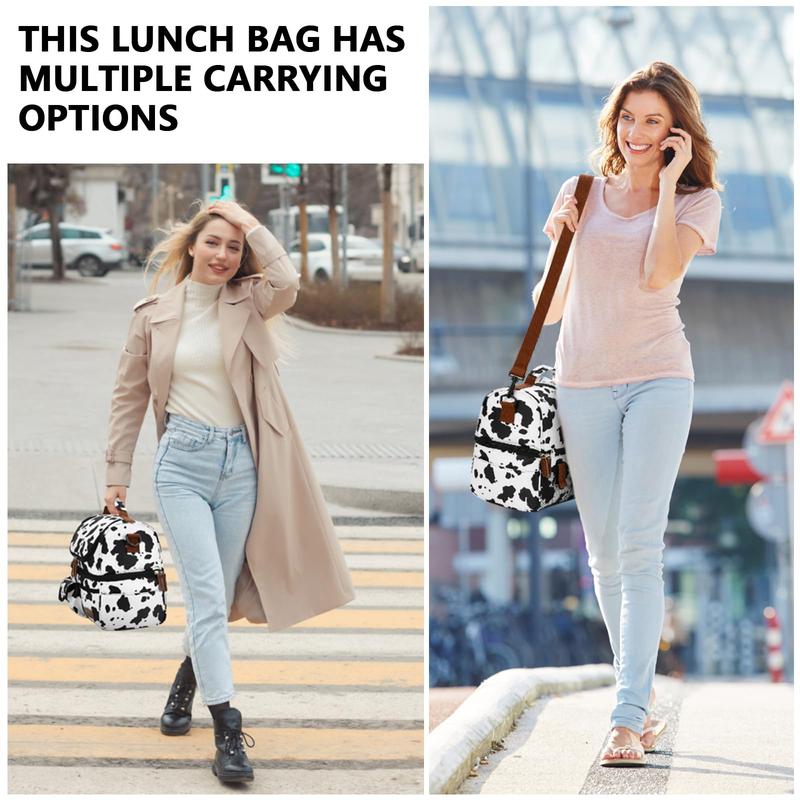 Mother's Day LOKASS Lunch Box for Women-Double Deck Insulated Adults Lunch Bag with Removable Shoulder Strap-Cow Print Cute Wide Open Lunch Tote for Work Office Picnic Beach Travel