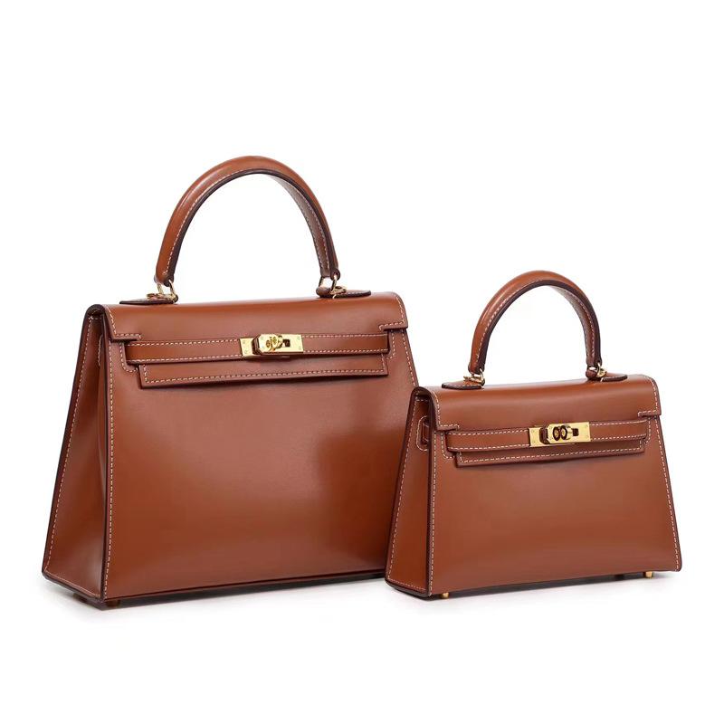 Spring 2024 New Genuine Leather Ladies' Bags Shiny Patent Leather Box Plain Weave Kelly Bag Retro Simple Shoulder Handbag