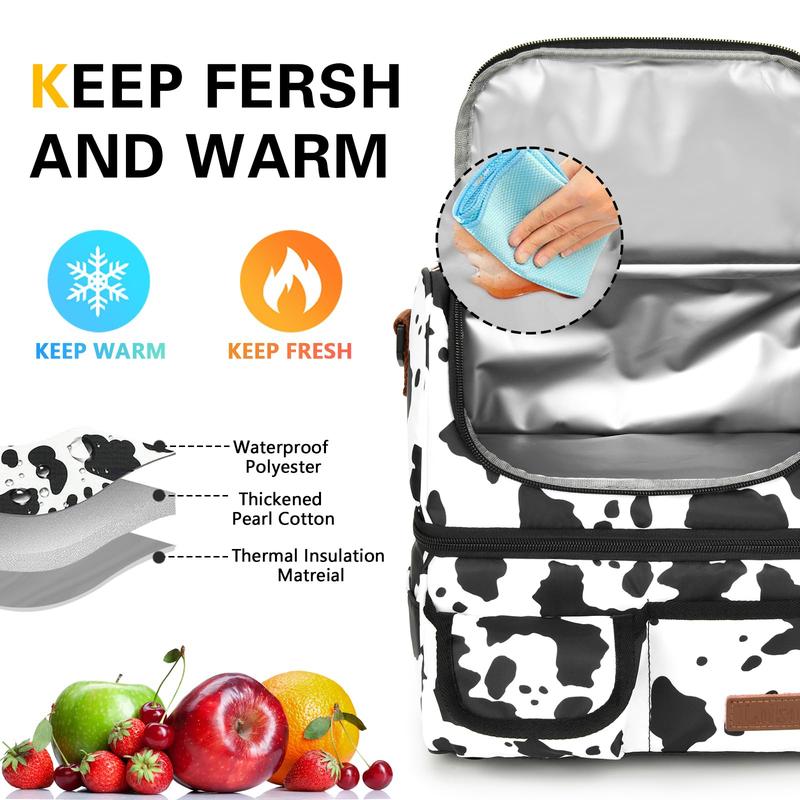 Mother's Day LOKASS Lunch Box for Women-Double Deck Insulated Adults Lunch Bag with Removable Shoulder Strap-Cow Print Cute Wide Open Lunch Tote for Work Office Picnic Beach Travel