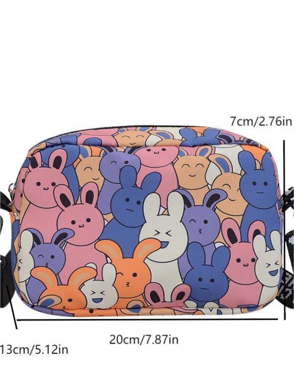 Women's  Fashionable Cartoon Rabbit Pattern Zipper Crossbody Bag, Cute Small Square Bag with Letter Print Strap for Daily Used & Worked for Women & Girls