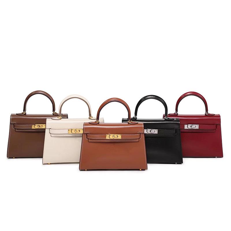 Spring 2024 New Genuine Leather Ladies' Bags Shiny Patent Leather Box Plain Weave Kelly Bag Retro Simple Shoulder Handbag