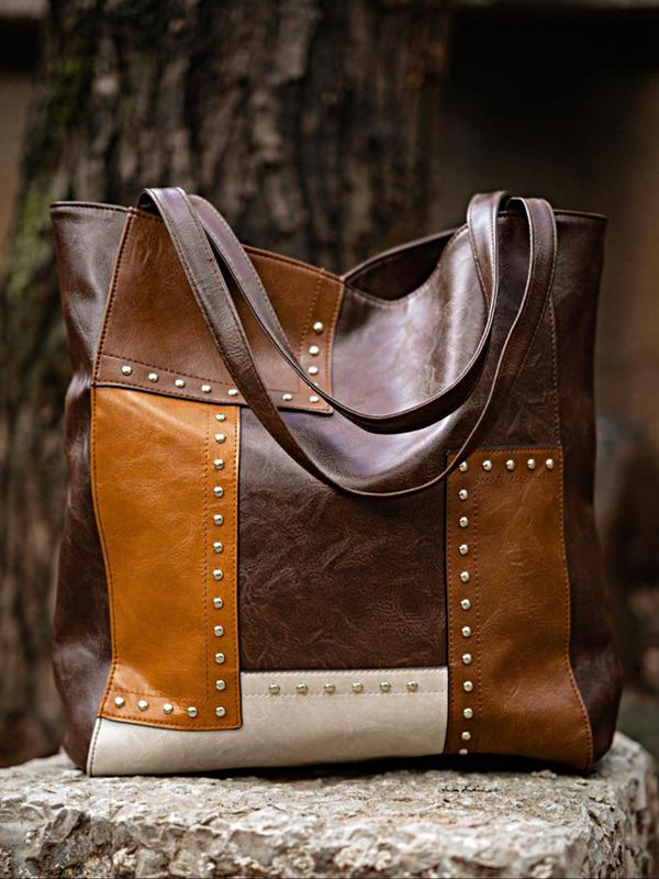 Women's Fashion Colorblock PU Leather Tote Bag, Casual Large Capacity Shoulder Bag For College Student, Rookies & White-collar Workers Perfect For Office, College, Work,Business, Commute