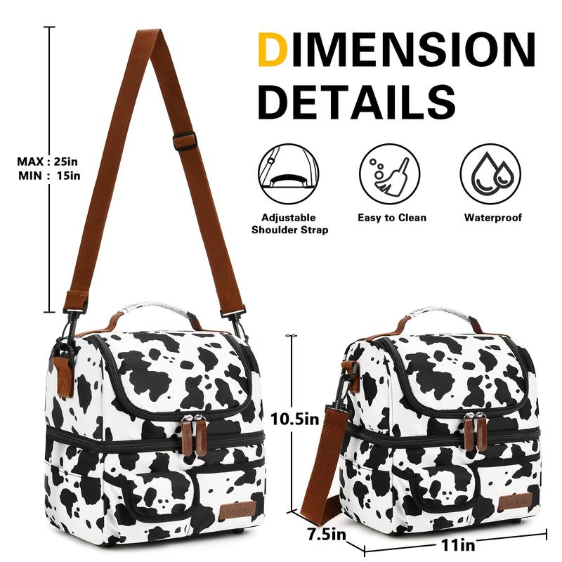 Mother's Day LOKASS Lunch Box for Women-Double Deck Insulated Adults Lunch Bag with Removable Shoulder Strap-Cow Print Cute Wide Open Lunch Tote for Work Office Picnic Beach Travel