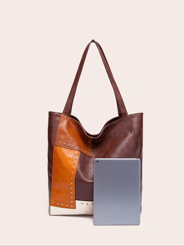 Women's Fashion Colorblock PU Leather Tote Bag, Casual Large Capacity Shoulder Bag For College Student, Rookies & White-collar Workers Perfect For Office, College, Work,Business, Commute