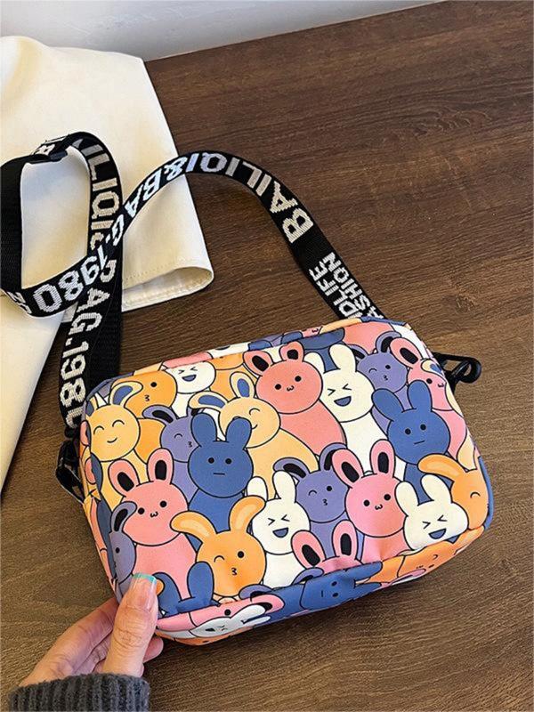 Women's  Fashionable Cartoon Rabbit Pattern Zipper Crossbody Bag, Cute Small Square Bag with Letter Print Strap for Daily Used & Worked for Women & Girls