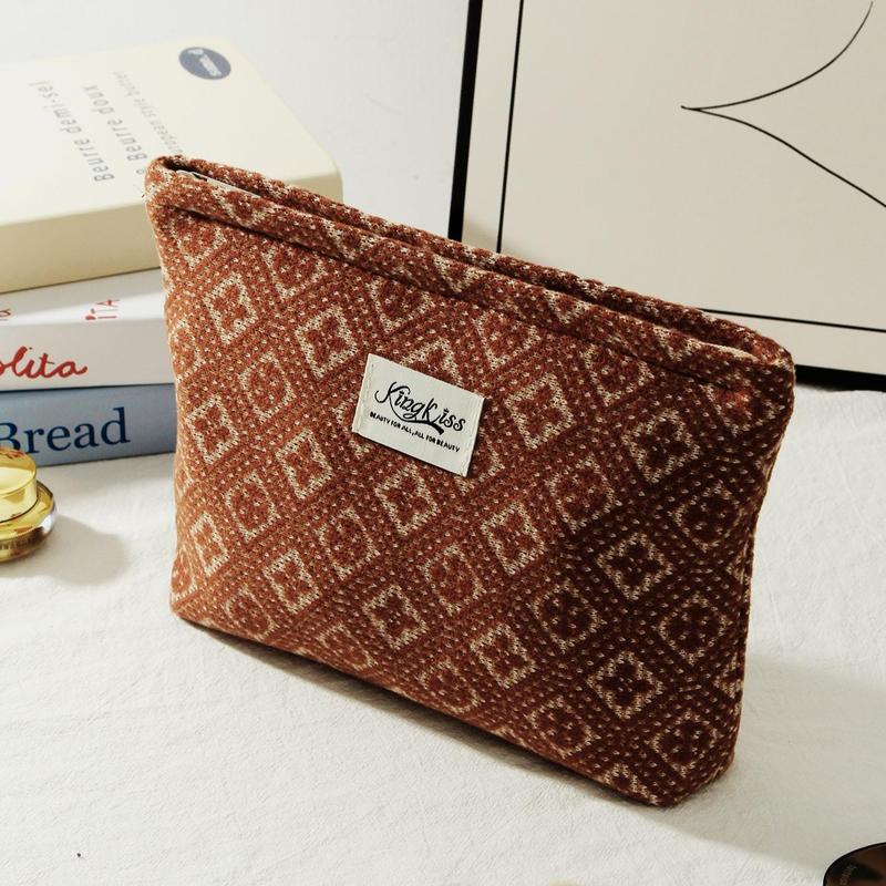 Boho Style Geometric Pattern Makeup Bag Set, 2 Counts set Core Velvet Large Capacity Cosmetic Storage Bag, Versatile Storage Bag for Skincare, Lip Balm, Makeup Tool